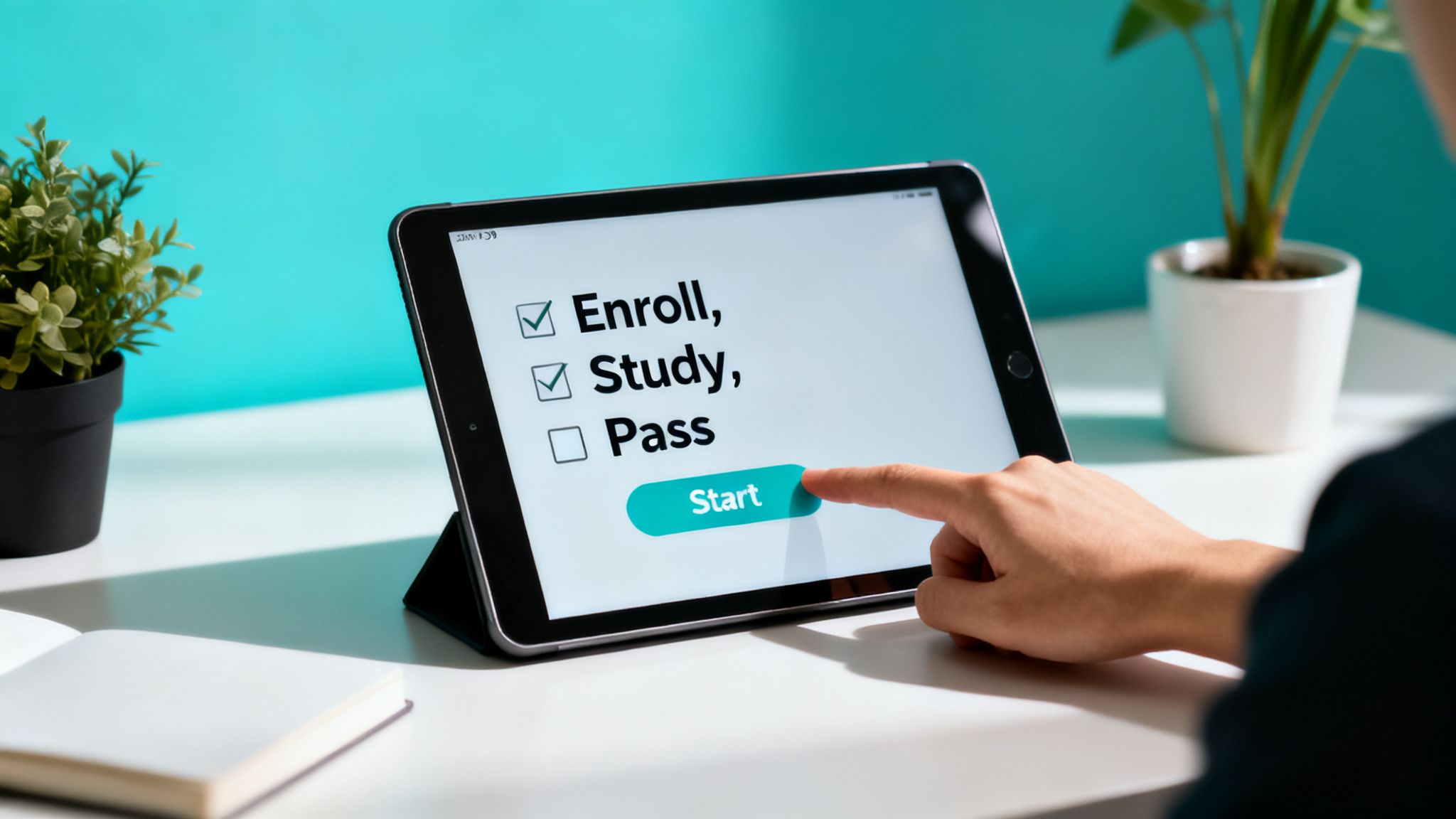 A hand taps a tablet screen displaying an 'Enroll, Study, Pass' checklist with a 'Start' button.