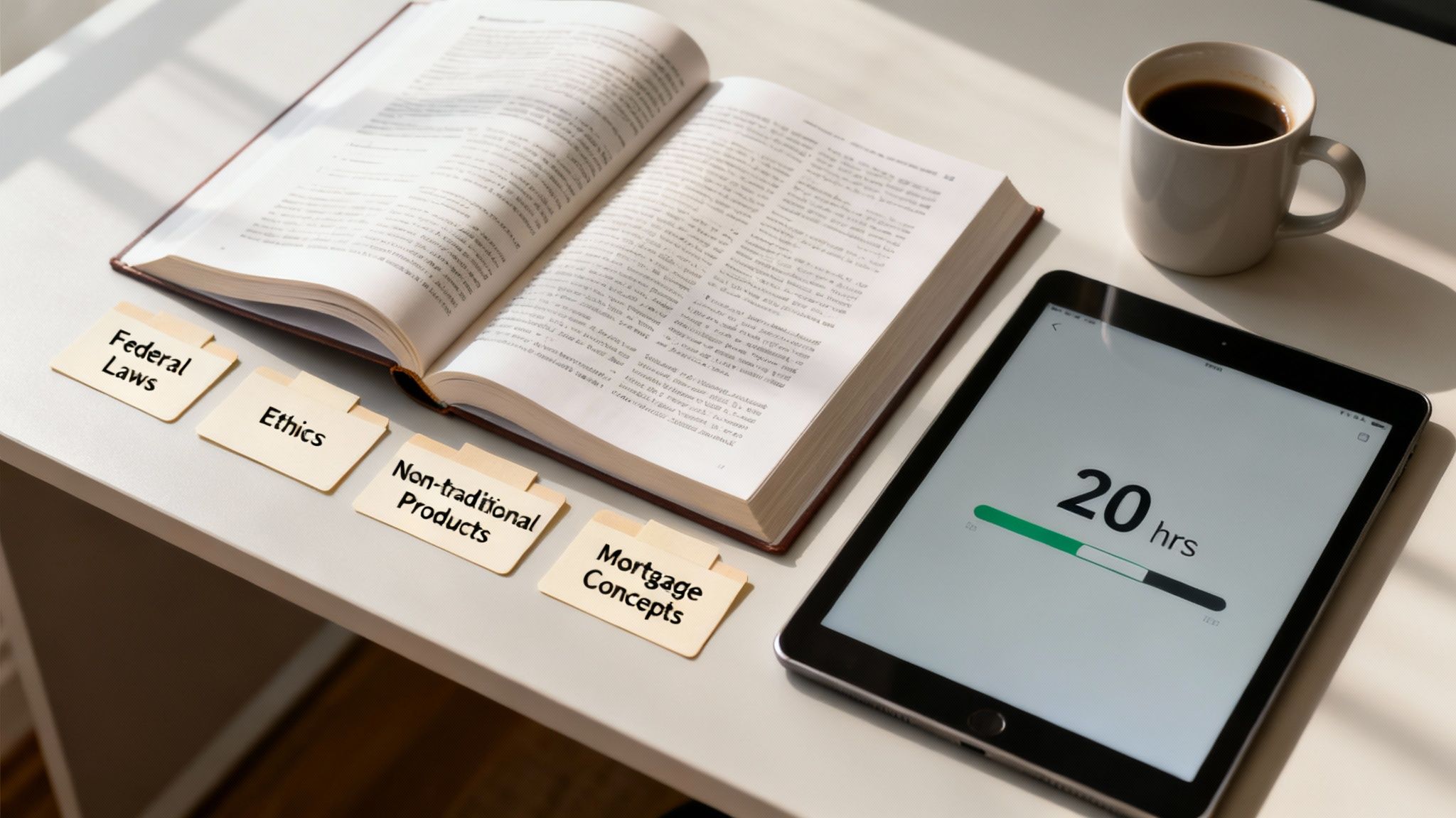 A study desk with an open textbook, a coffee cup, and a tablet showing '20 hrs' progress, with course tabs.