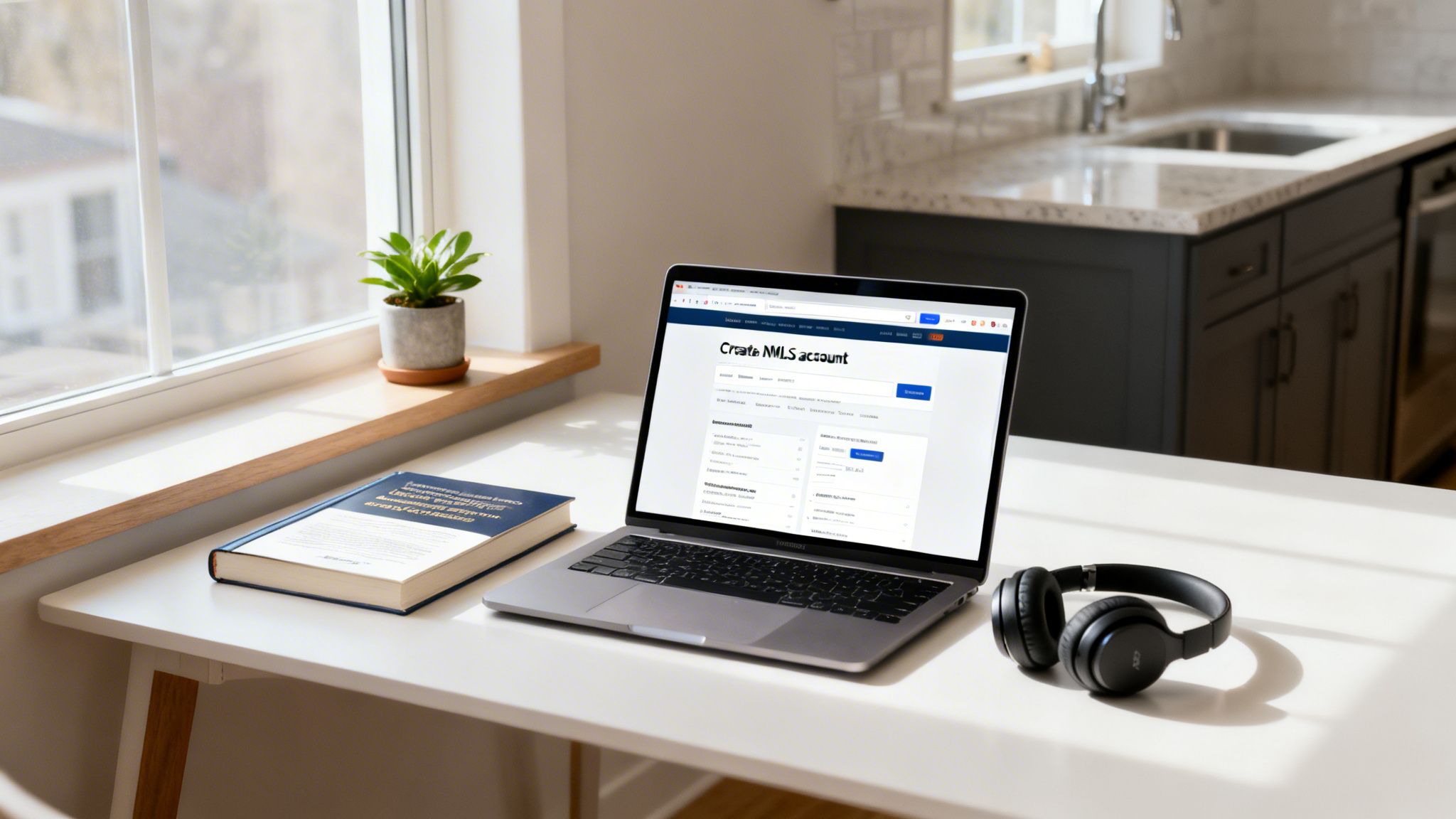 A bright home office setup with a laptop showing 'Create NMLS account', a book, plant, and headphones.