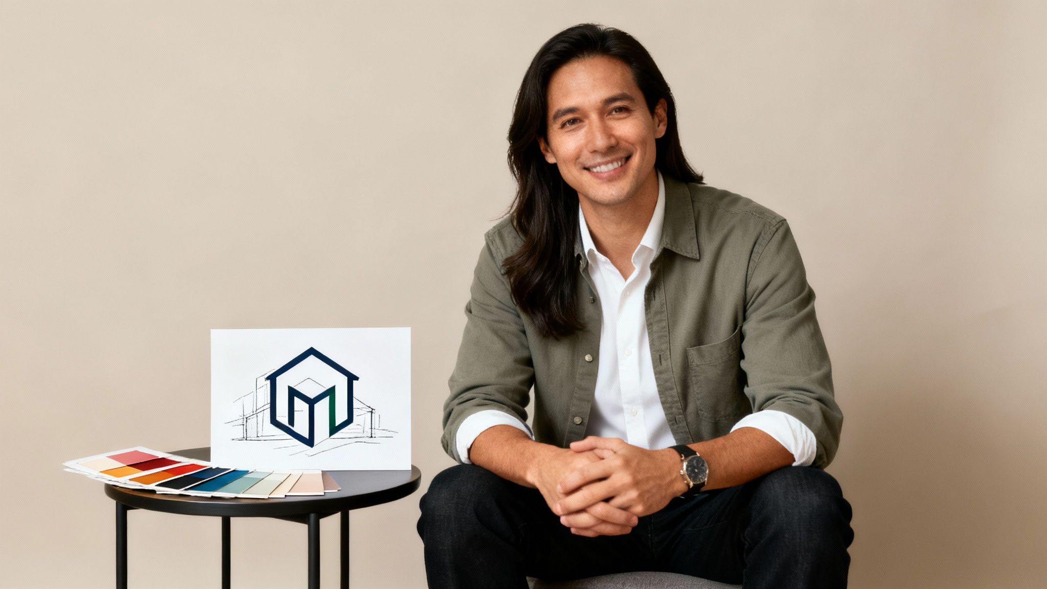 A smiling man, possibly a designer, sits next to a table with a house logo design and color swatches.
