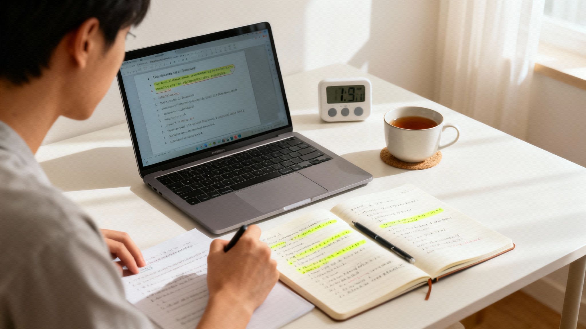 A person studies diligently at a well-lit desk, using a laptop, notebook, and a timer.