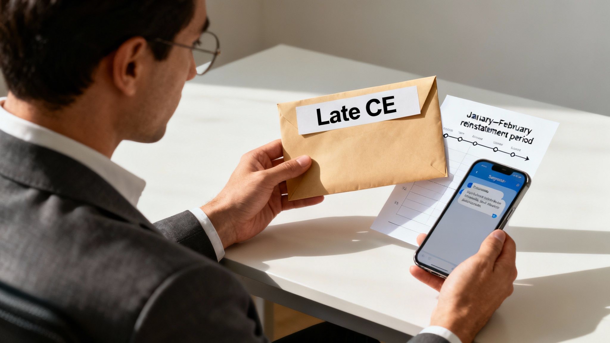 A person looking concerned at a calendar with a missed deadline circled in red.