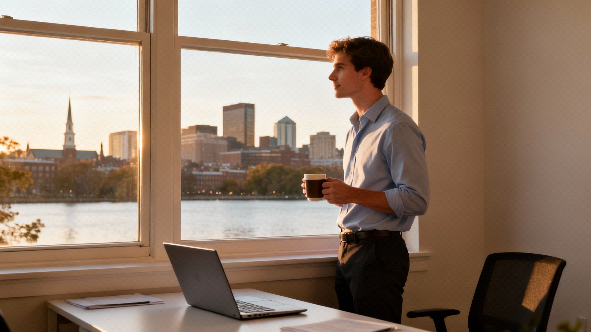 A young man with a coffee cup looks out a window at the Cambridge city skyline during sunset.