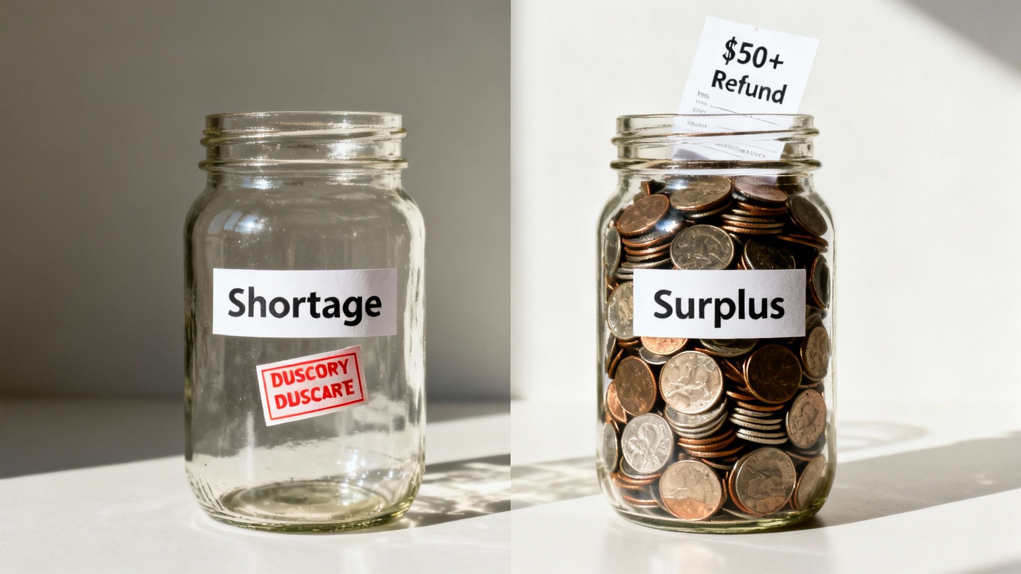 Two jars illustrate financial concepts: one empty labeled 'Shortage', the other full of coins labeled 'Surplus'.