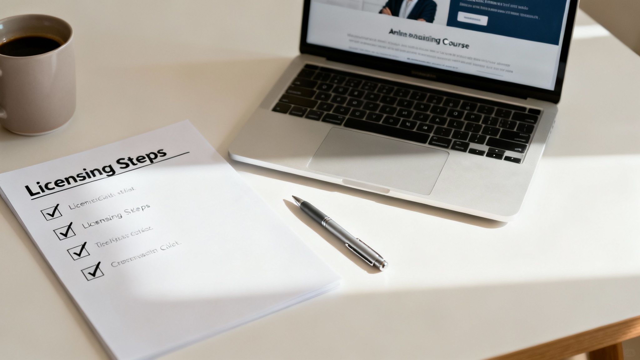 Laptop displaying online licensing course next to checklist document with licensing steps and pen