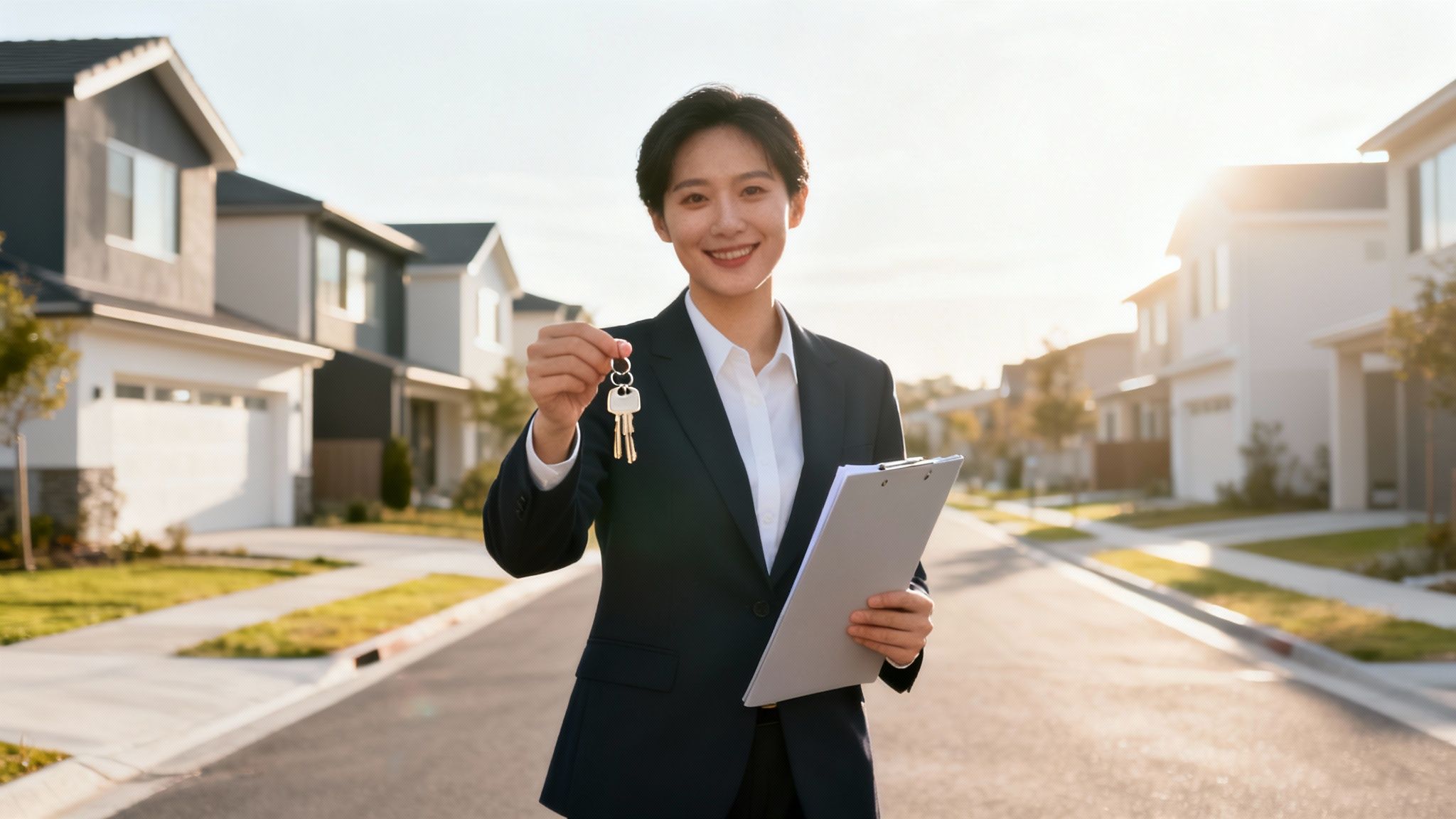 Smiling Asian real estate agent holds house keys and clipboard in a modern suburban neighborhood.