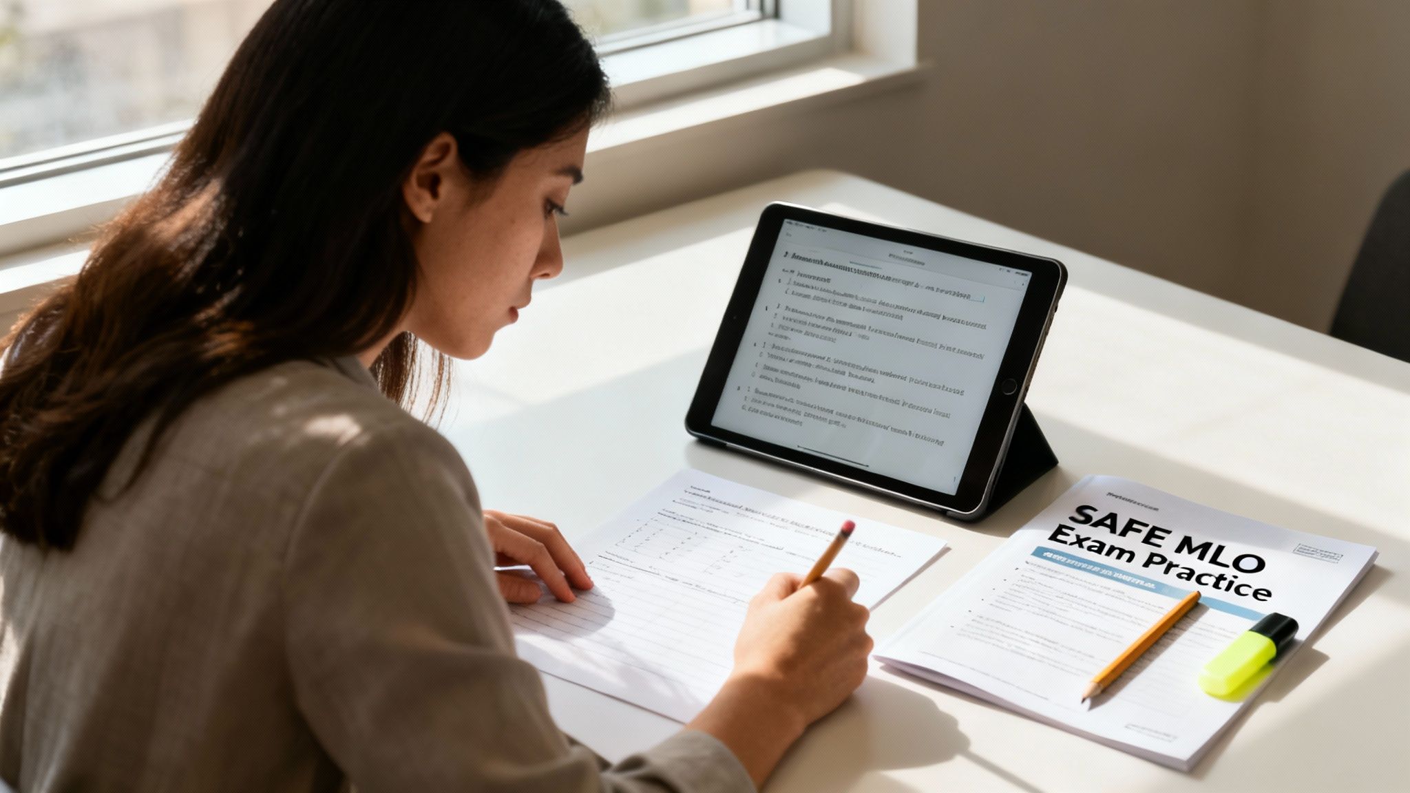 Young woman studying for the SAFE MLO exam, writing notes on paper with a tablet beside her.