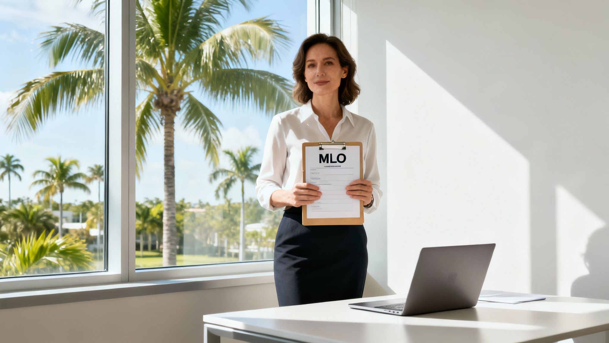 A professionally dressed woman working on her laptop in a bright, modern office setting.