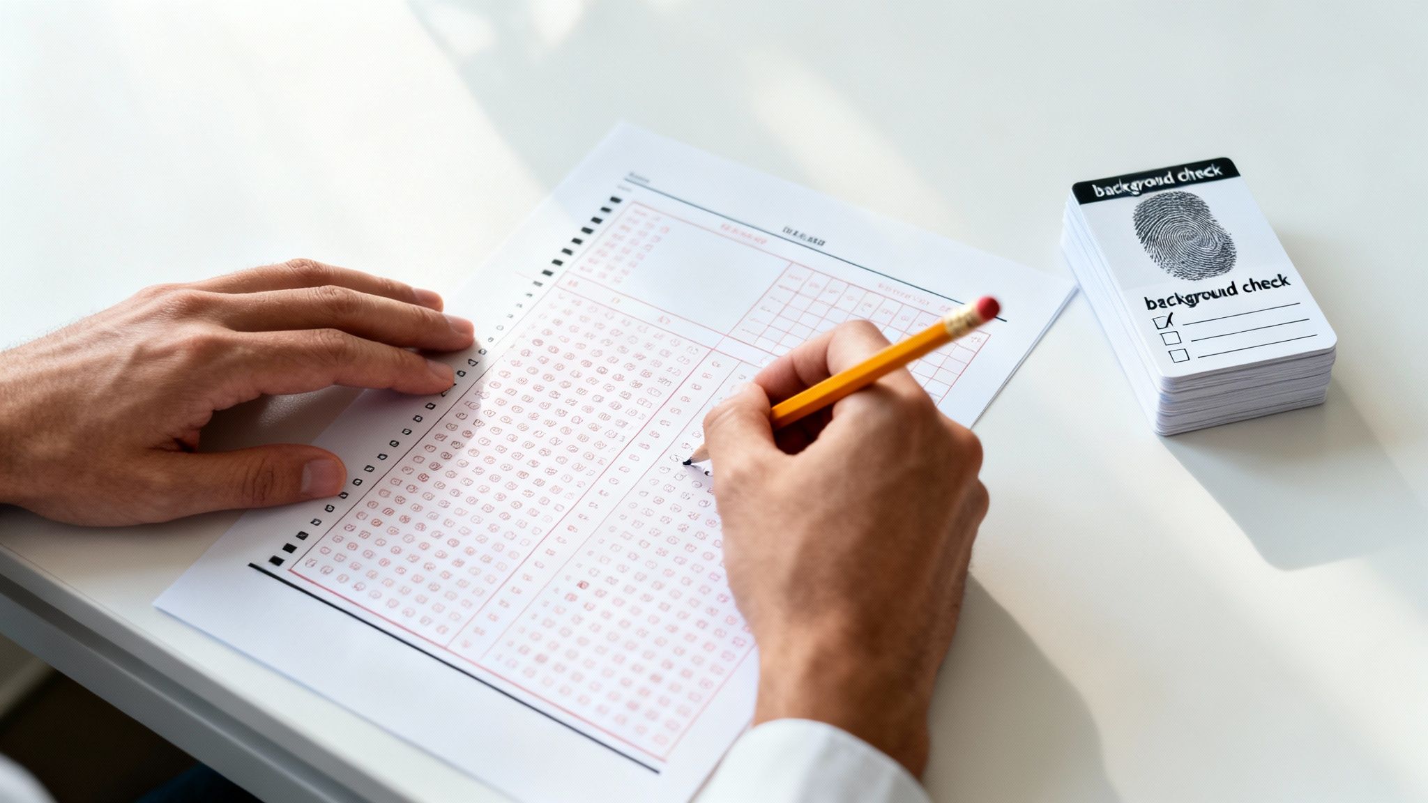 Person filling out a standardized test or application form with a pencil next to background check cards.