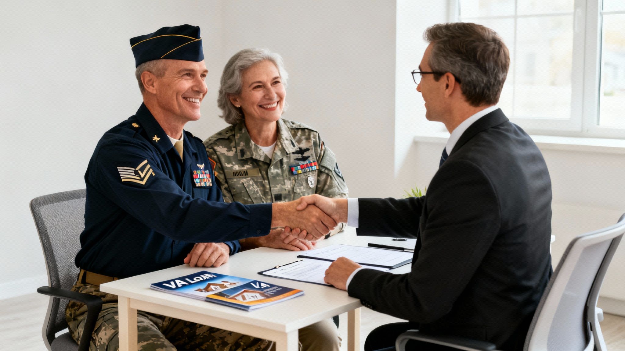 Smiling veterans, a man and a woman, shaking hands with a loan officer for a VA loan.