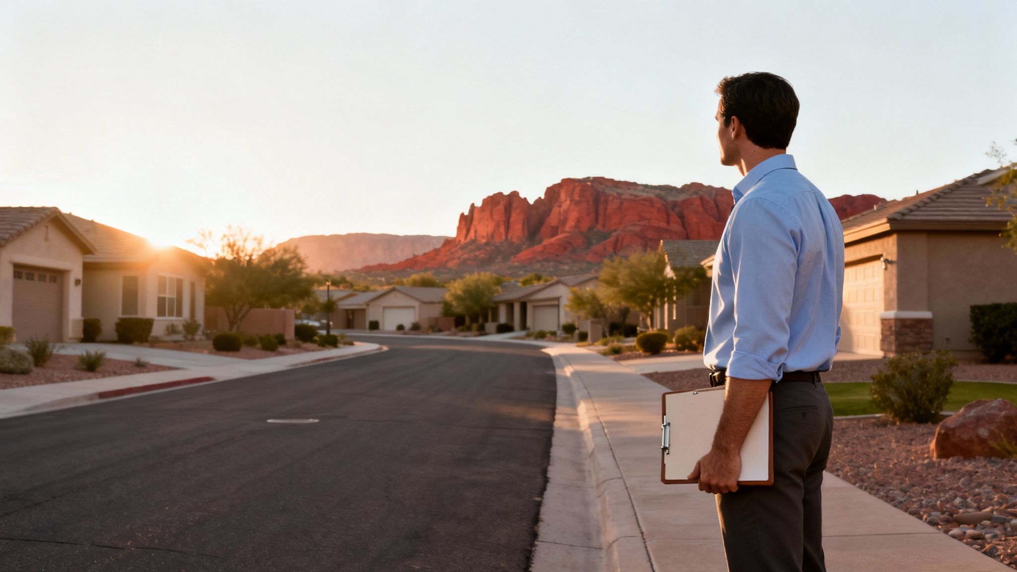 Man holding clipboard in a desert suburban neighborhood with red rock mountains at sunset.