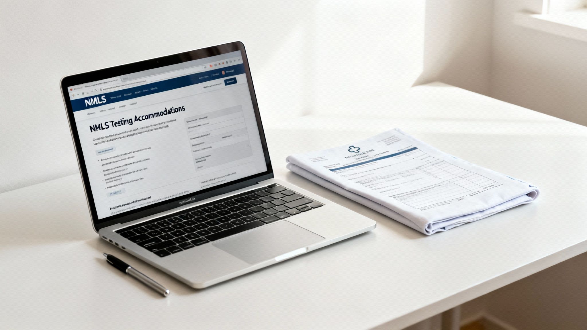 A laptop displaying the NMLS Testing Accommodations webpage, with documents and a pen on a bright white desk.