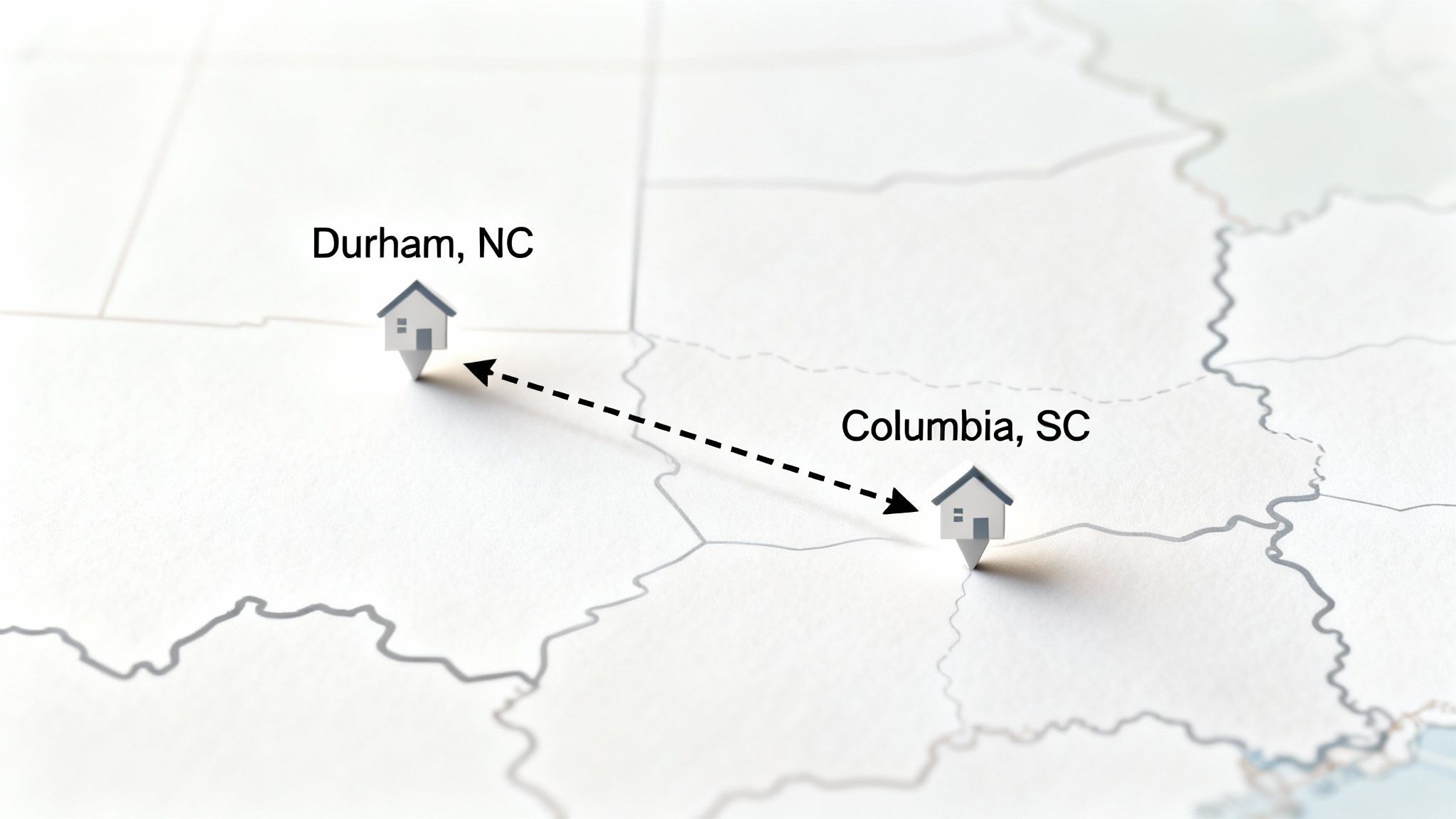 Map showing house pins in Durham, NC, and Columbia, SC, connected by a dashed arrow.