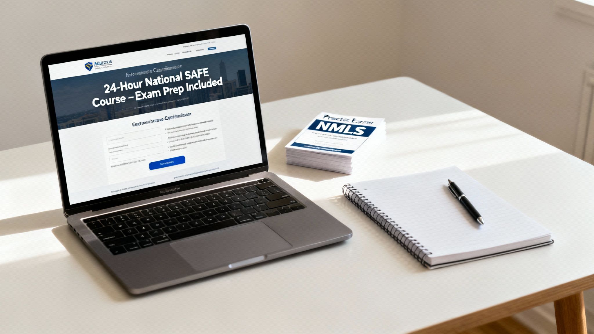 A professionally dressed individual confidently reviewing documents on a tablet, symbolizing preparation for the MLO exam.