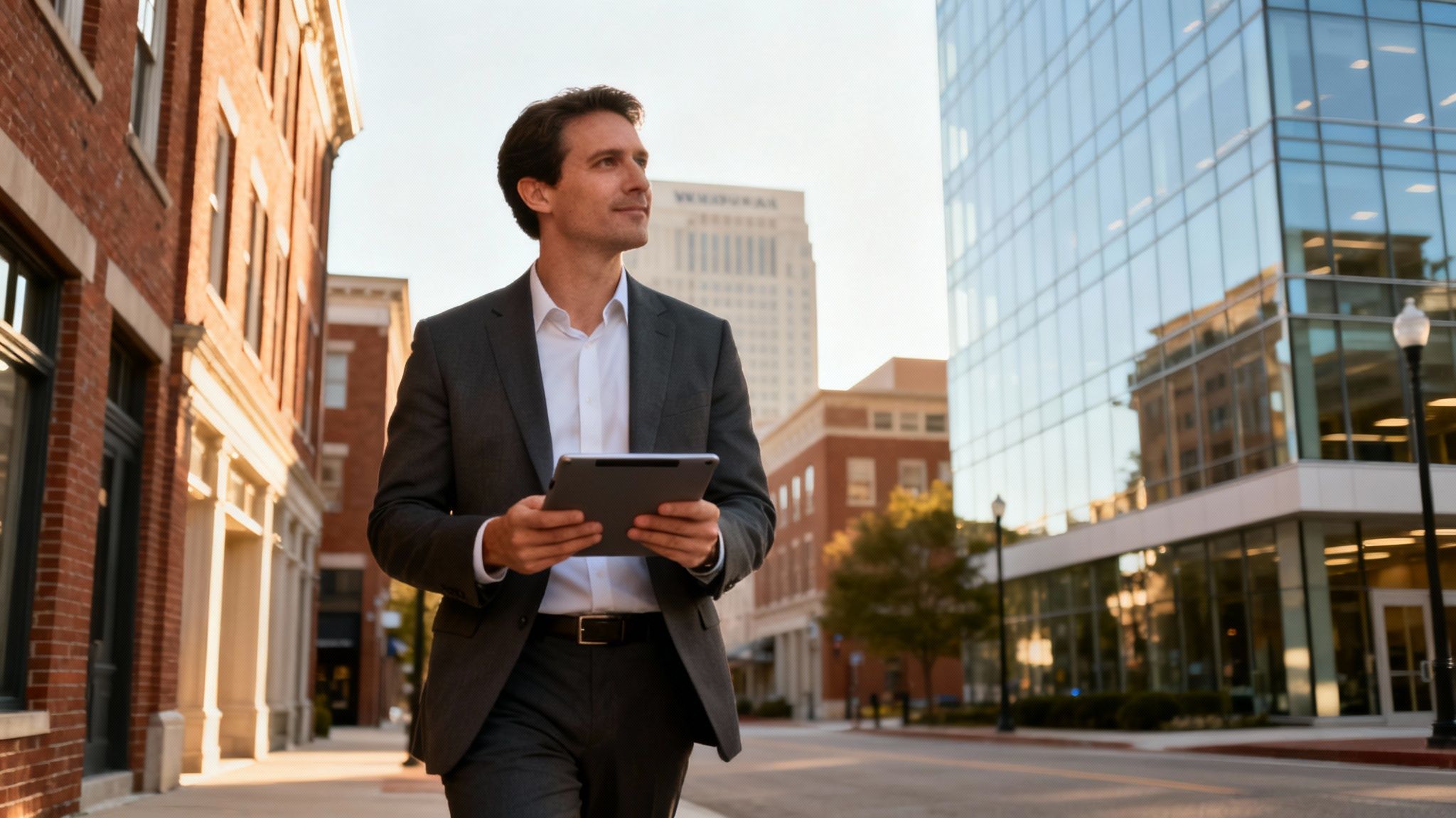 A professional man in a suit walks down a city street, holding a tablet and looking thoughtfully.