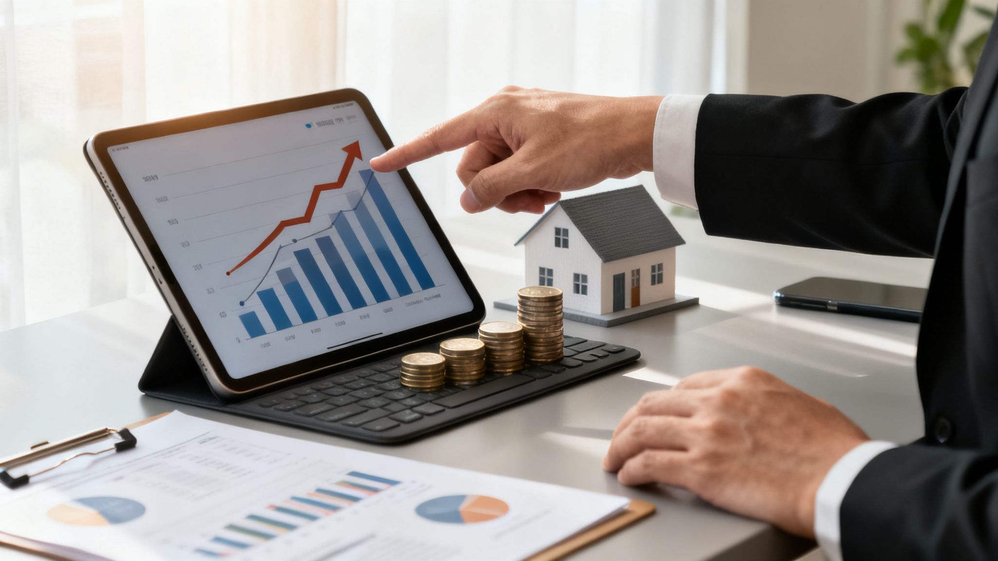 Businessman pointing at a tablet displaying a rising real estate market graph, with a house model and coins.