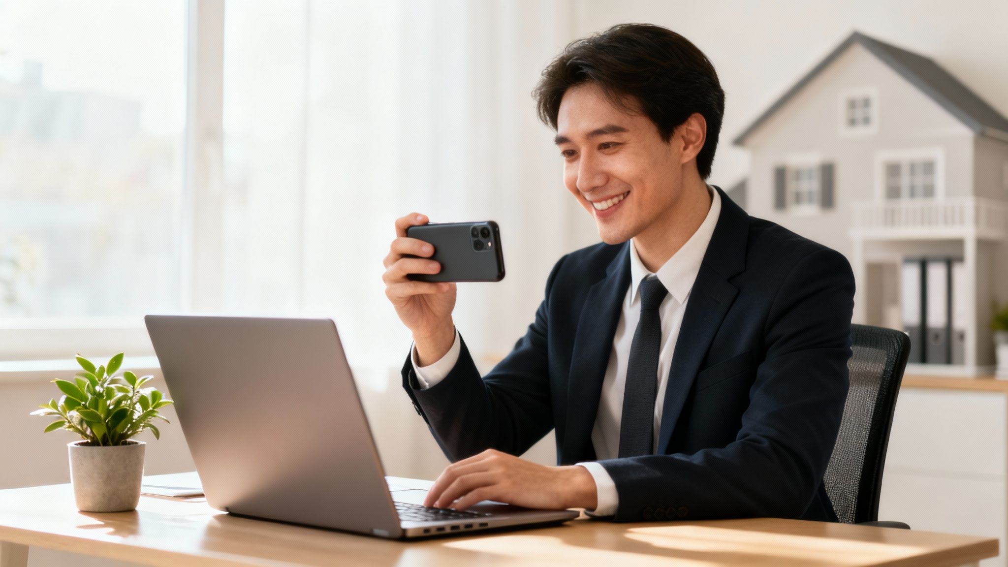 A mortgage loan originator in a home office, smiling while on a video call with a client, representing building digital rapport.