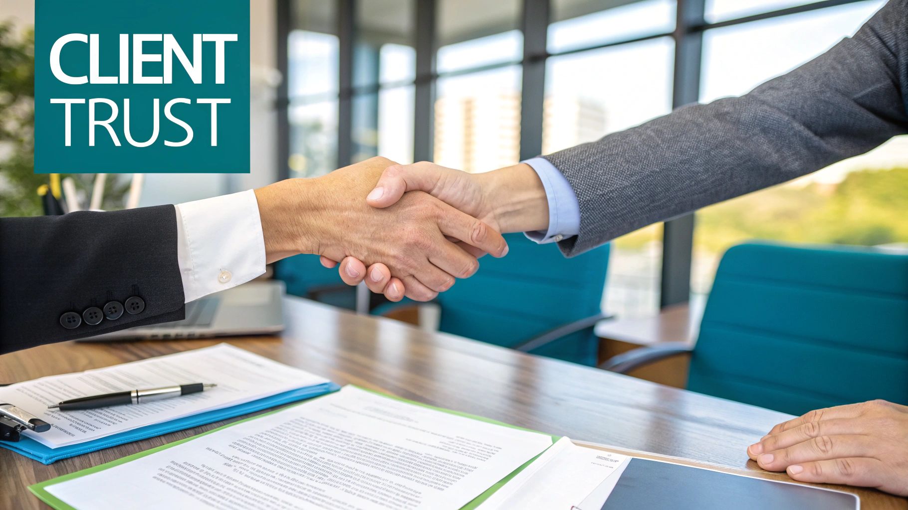 A MLO in a New Orleans, Louisiana branch office shaking hands at closing with a client.