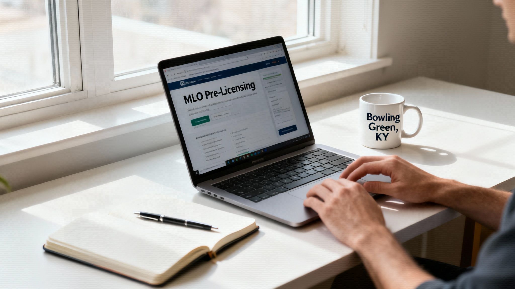 A modern professional woman smiling confidently while working on her laptop in a bright, contemporary home office.