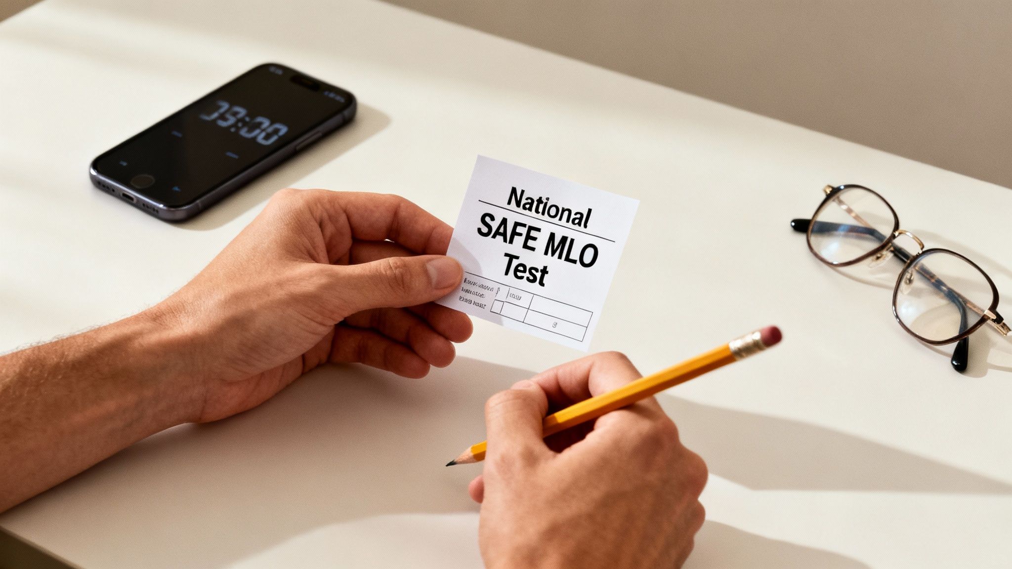 Person's hands holding a test slip for the National SAFE MLO Test with a pencil, phone, and glasses.