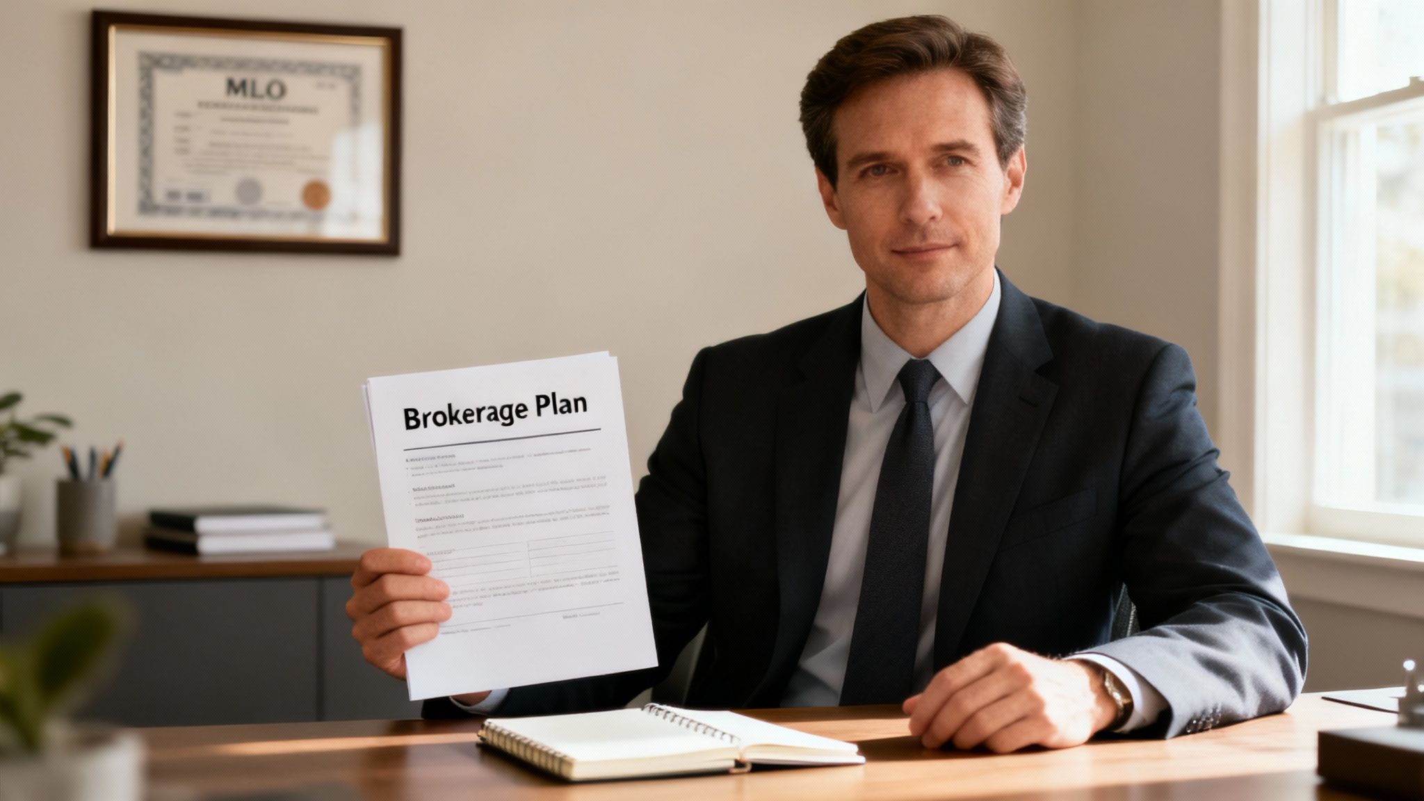 A confident mortgage broker discusses a home loan application with a smiling couple in a bright, modern office.