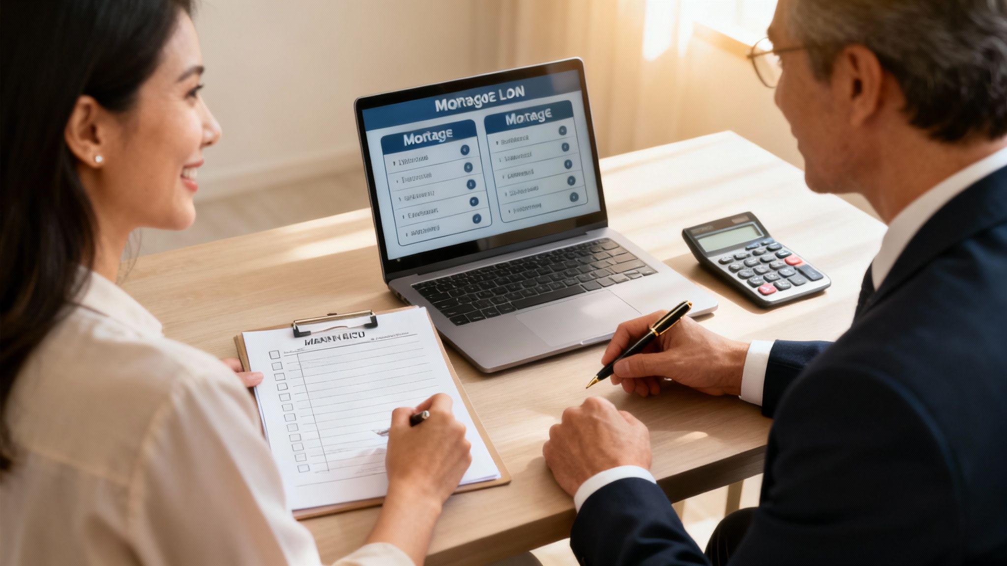 A person sitting at a desk, looking at a laptop and holding a coffee mug, with a bright and modern feel.