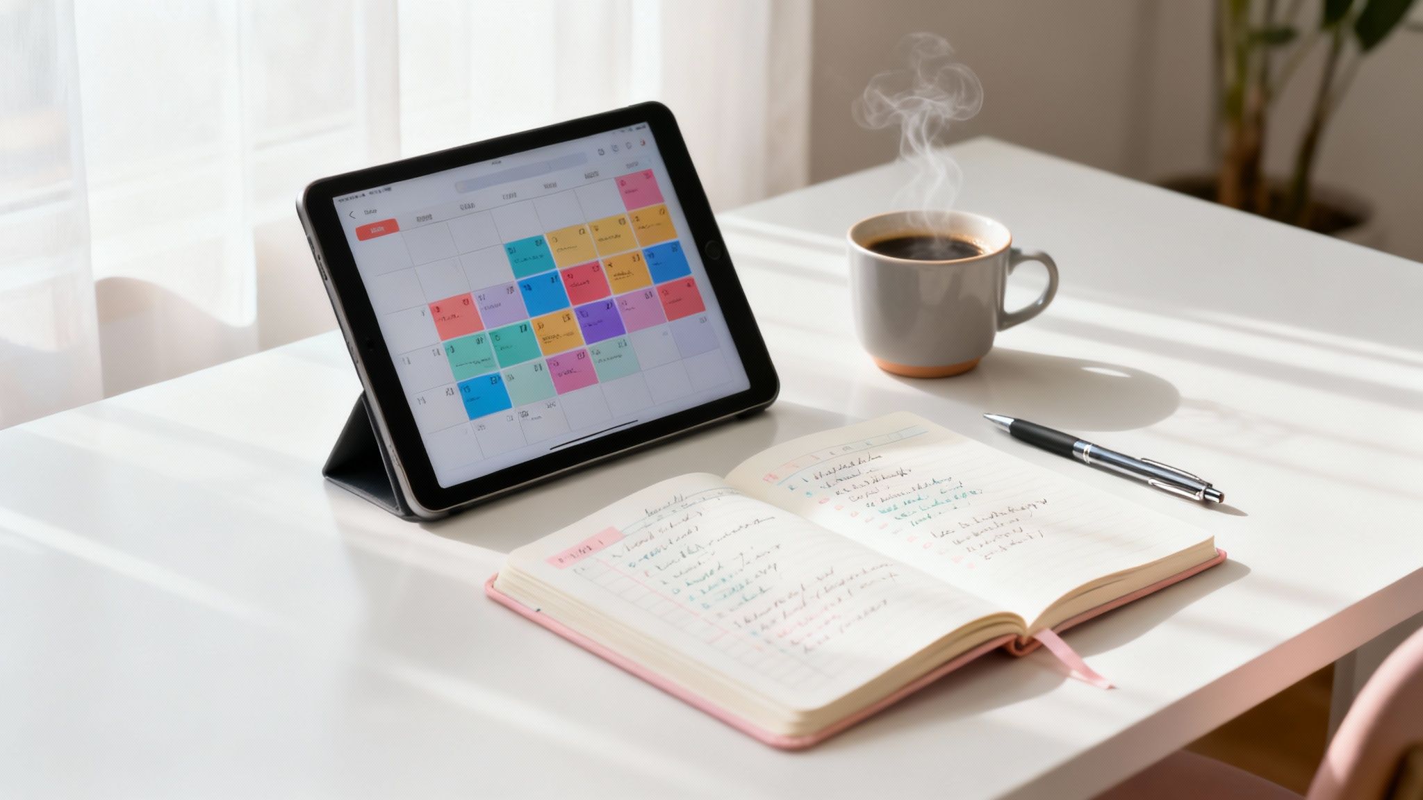 A digital calendar on a tablet screen, meticulously organized with color-coded time blocks, signifying proactive daily planning.