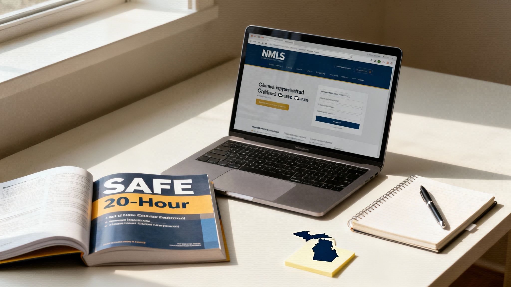 A bright, modern image of a person studying on a laptop at a clean desk, with a cup of coffee and notebook nearby, representing online MLO education.