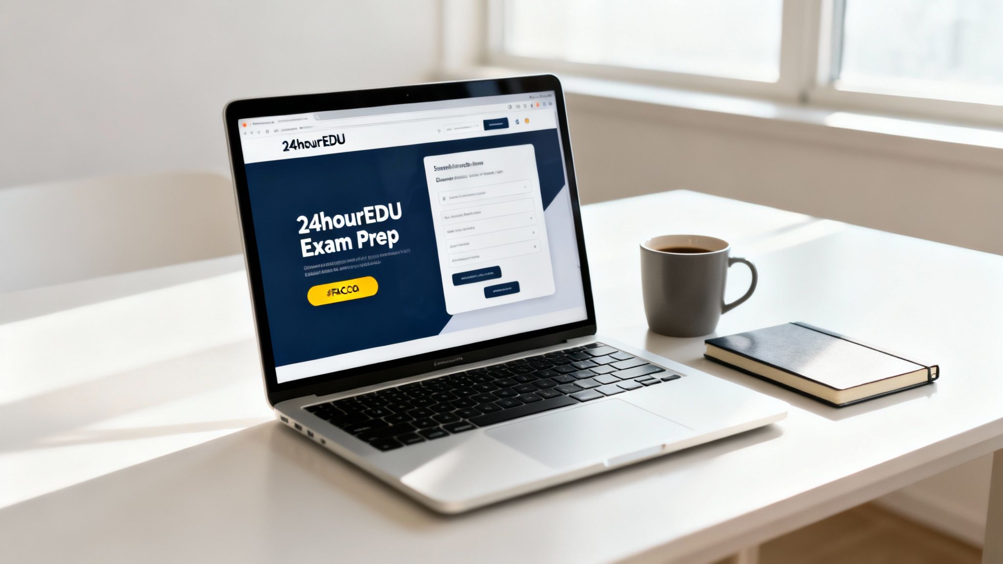 A laptop on a white desk displays the '24hourEDU Exam Prep' website, with a coffee mug and notebook.