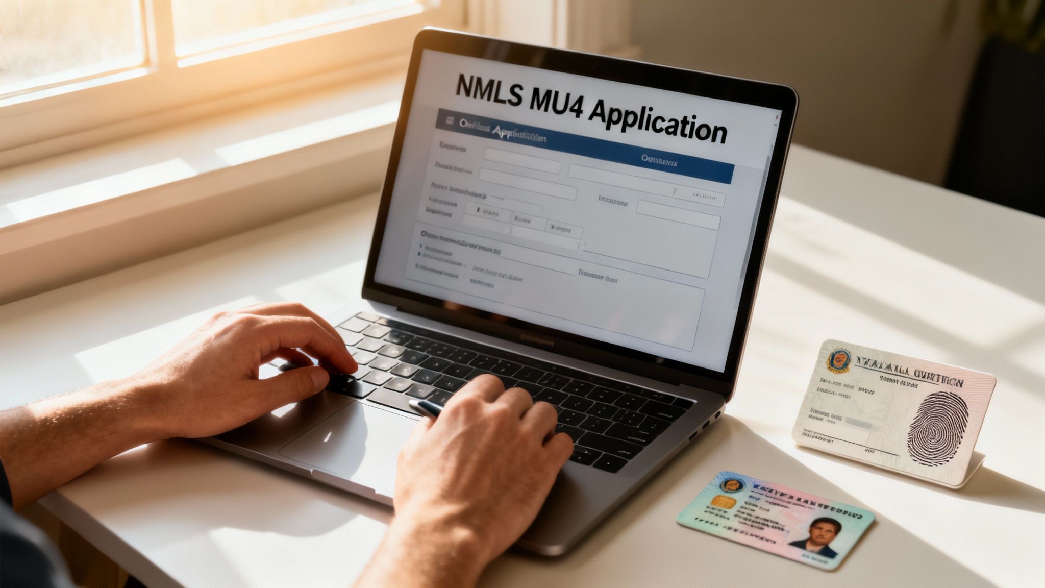 Person typing on a laptop filling out an NMLS MU4 application form with ID cards nearby.