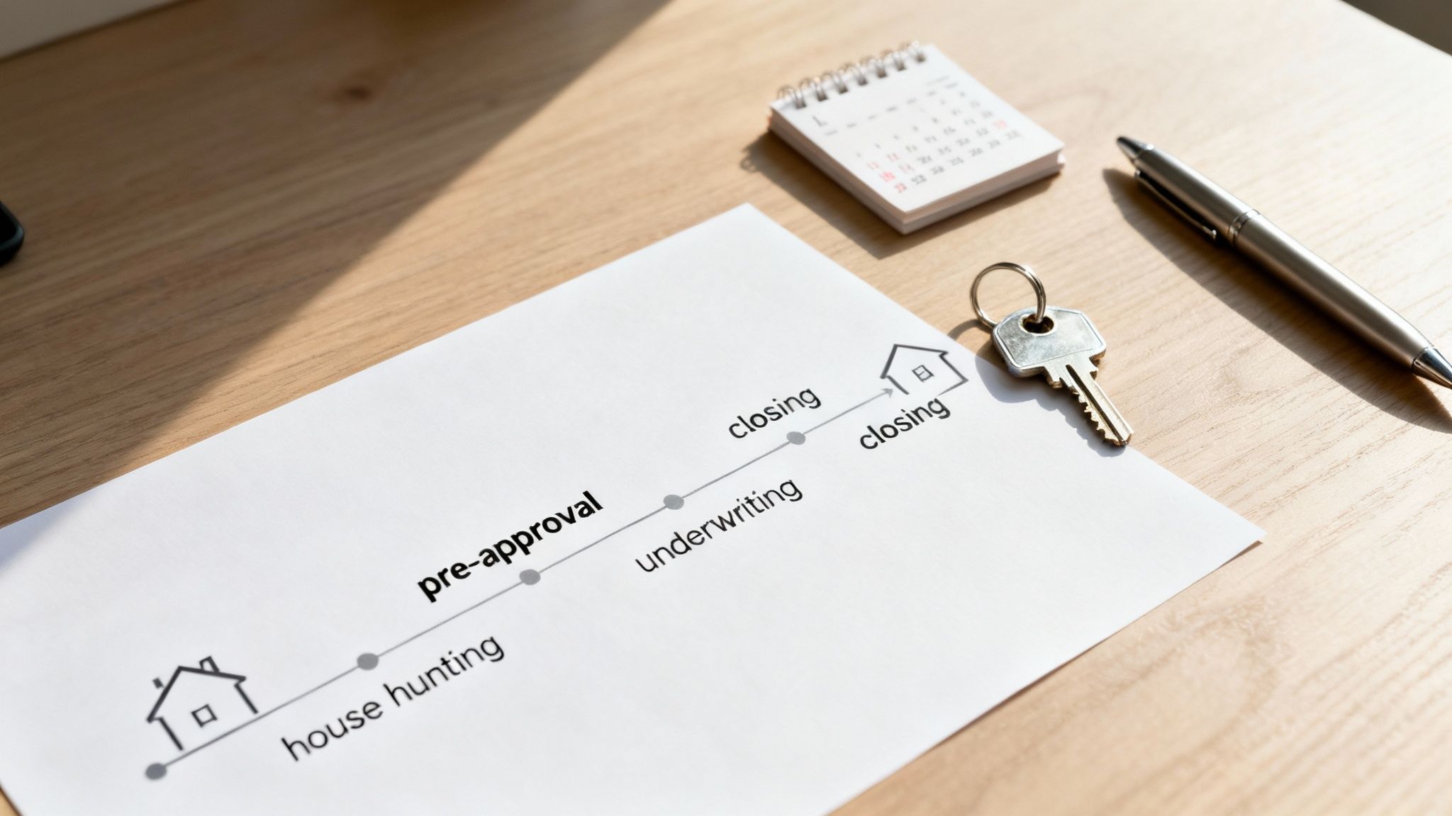 Paper timeline of the house buying process, with key, pen, and calendar on a wooden desk.
