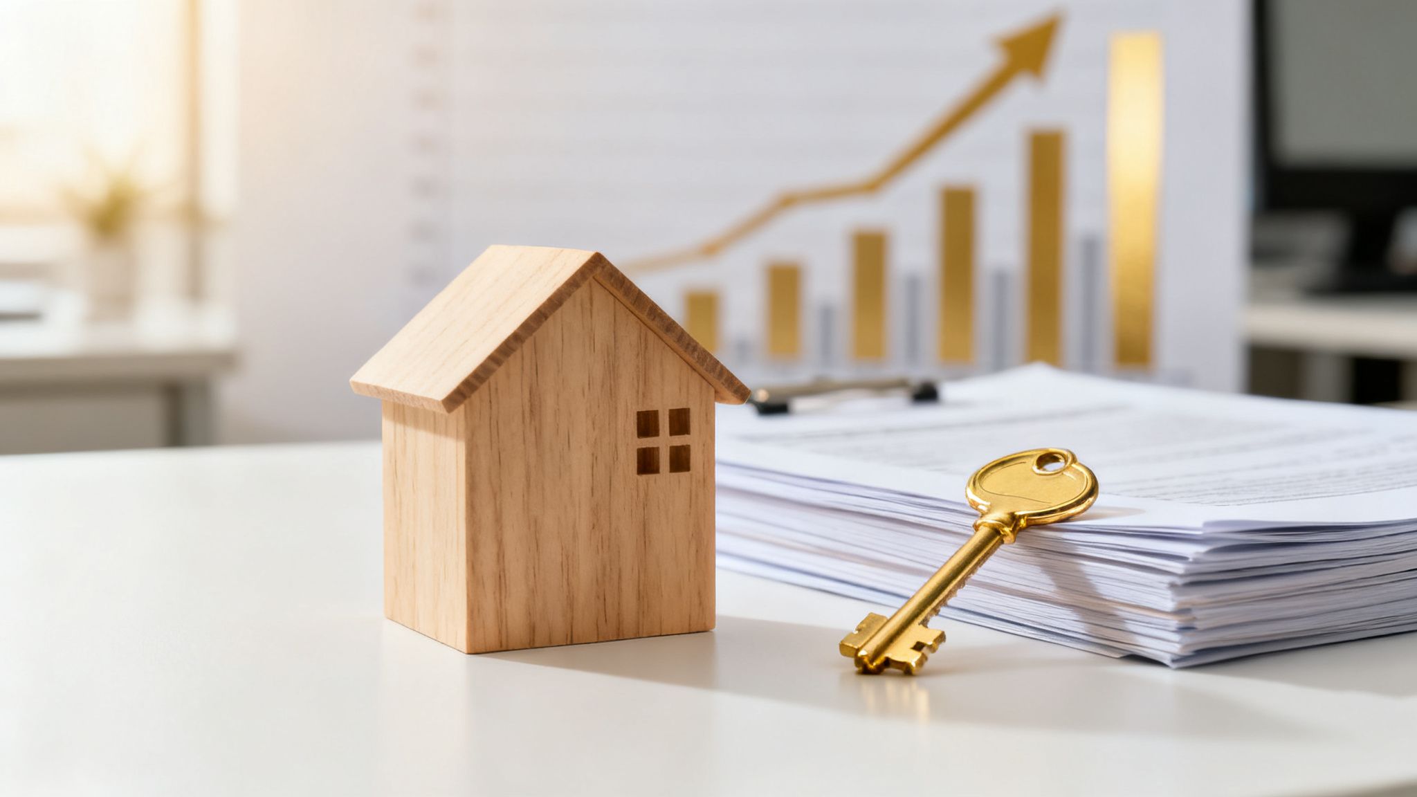 Miniature wooden house, golden key, documents, and an upward trending chart on a white desk.