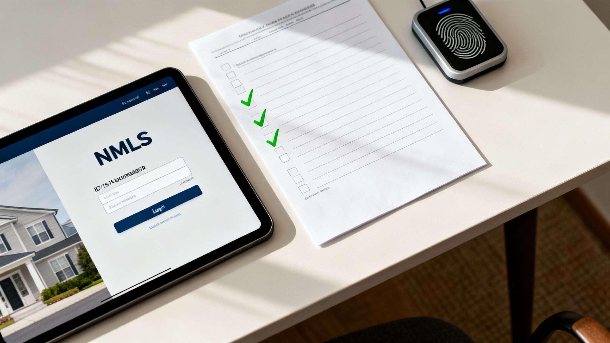 A tablet shows NMLS login, next to a checklist with green checkmarks and a fingerprint scanner.