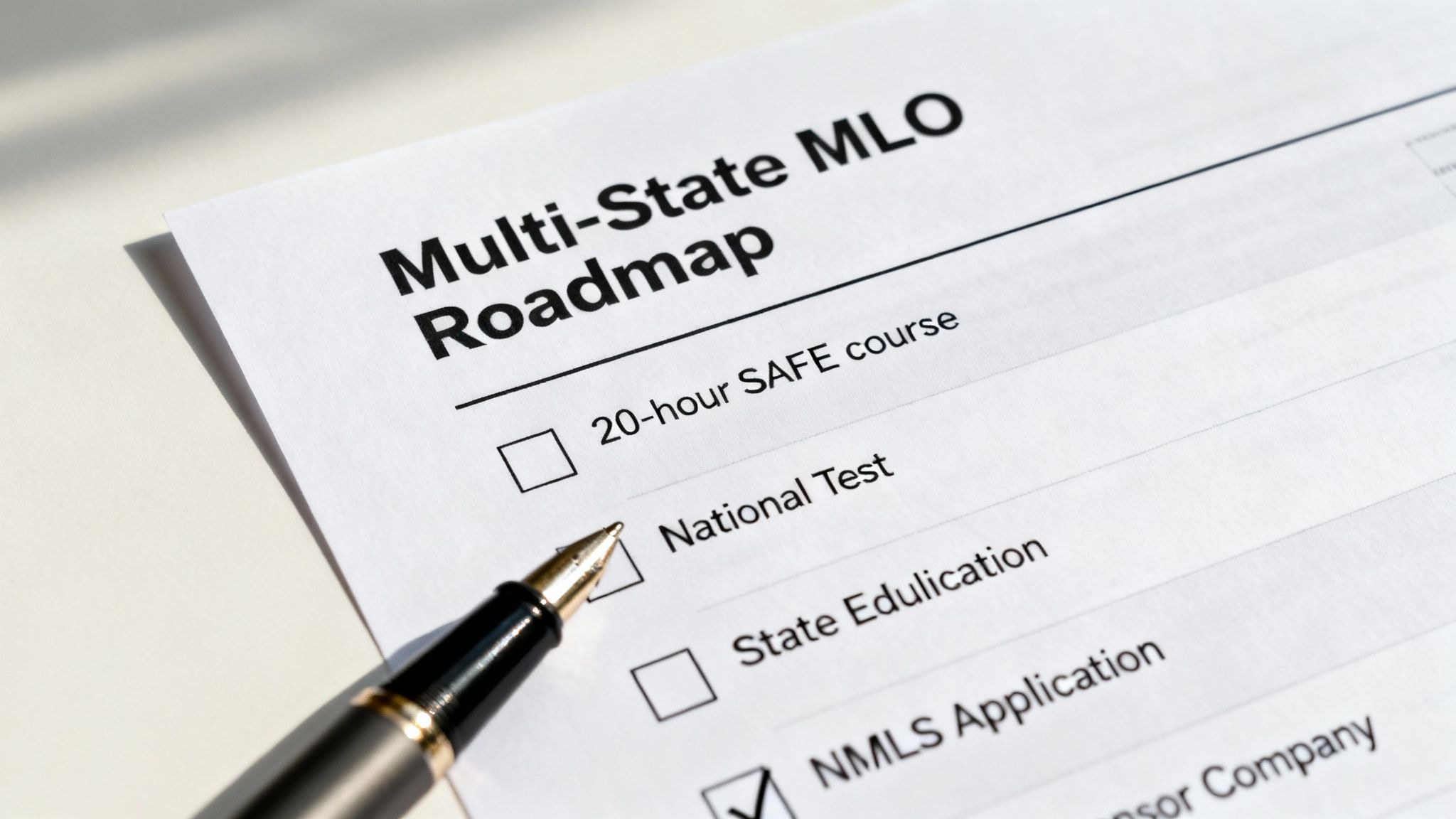A pen points to a Multi-State MLO Roadmap checklist with items like 'National Test' and 'NMLS Application' checked.