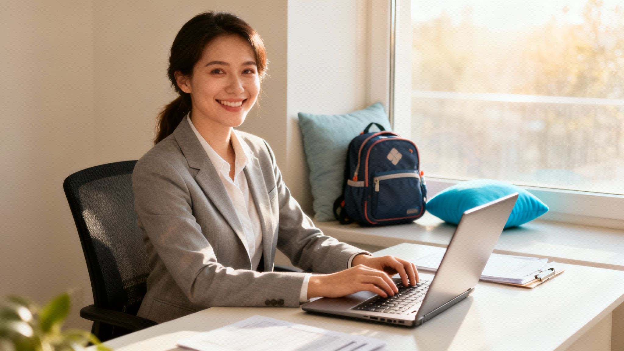 Smiling young professional woman working on a laptop at a bright desk by a window.
