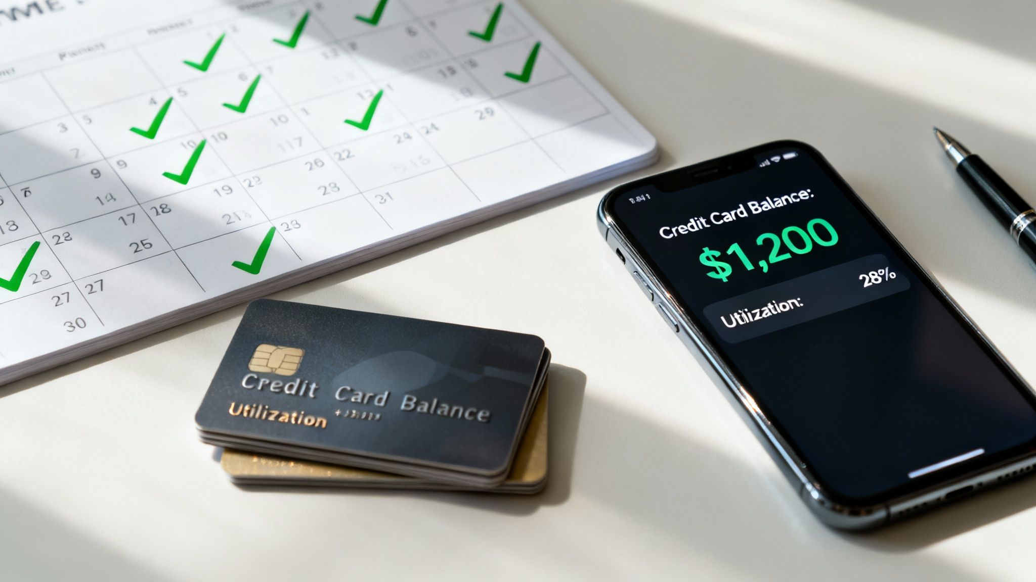 A smartphone displays a $1,200 credit card balance and 28% utilization, next to credit cards and a calendar with payment checkmarks.