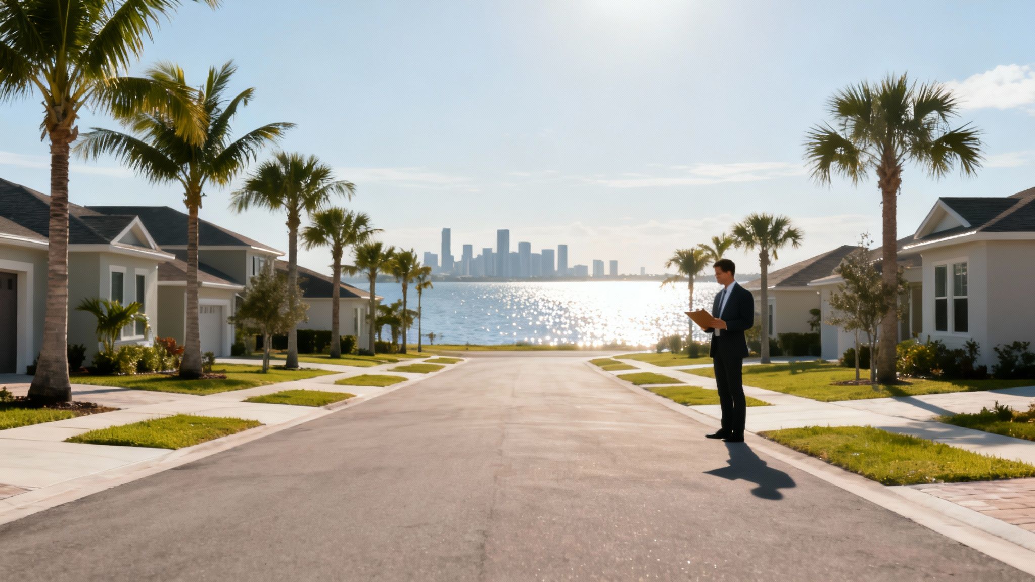 A man in a suit stands on a sunny street lined with palm trees and houses, overlooking a city skyline.
