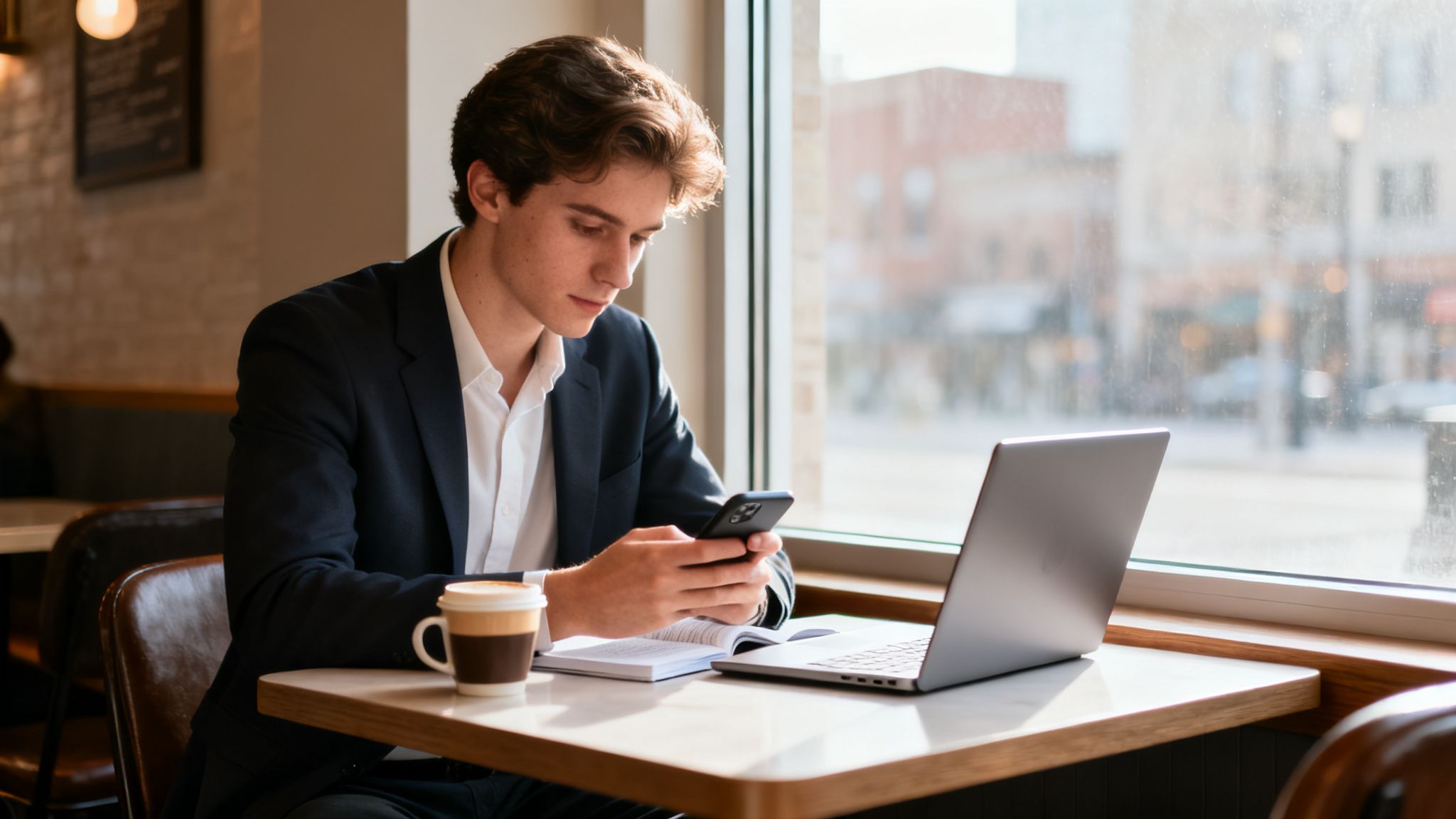 Young man in a suit jacket using a smartphone at a cafe table with a laptop and coffee.