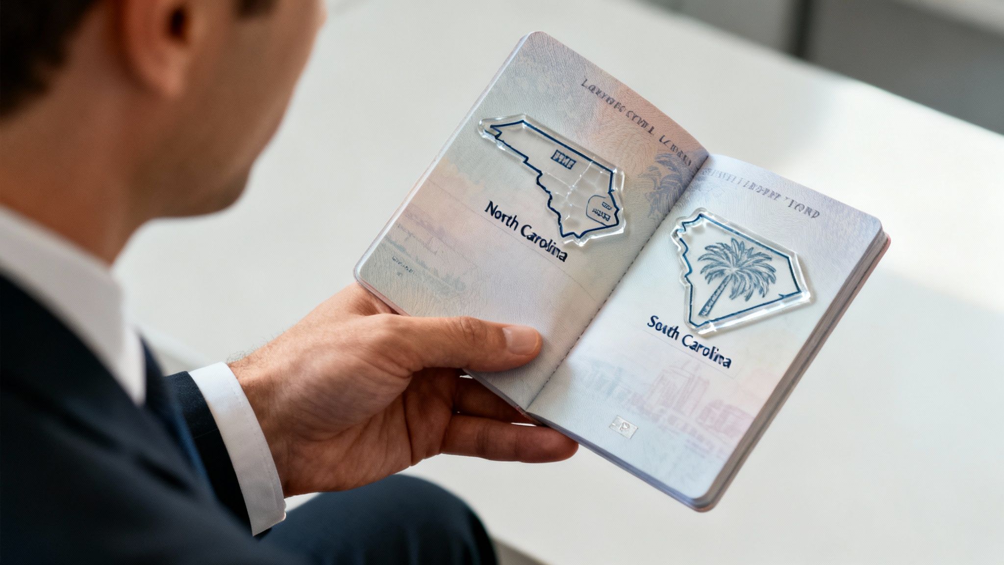 A close-up view of a person holding an open passport displaying North Carolina and South Carolina state stamps.
