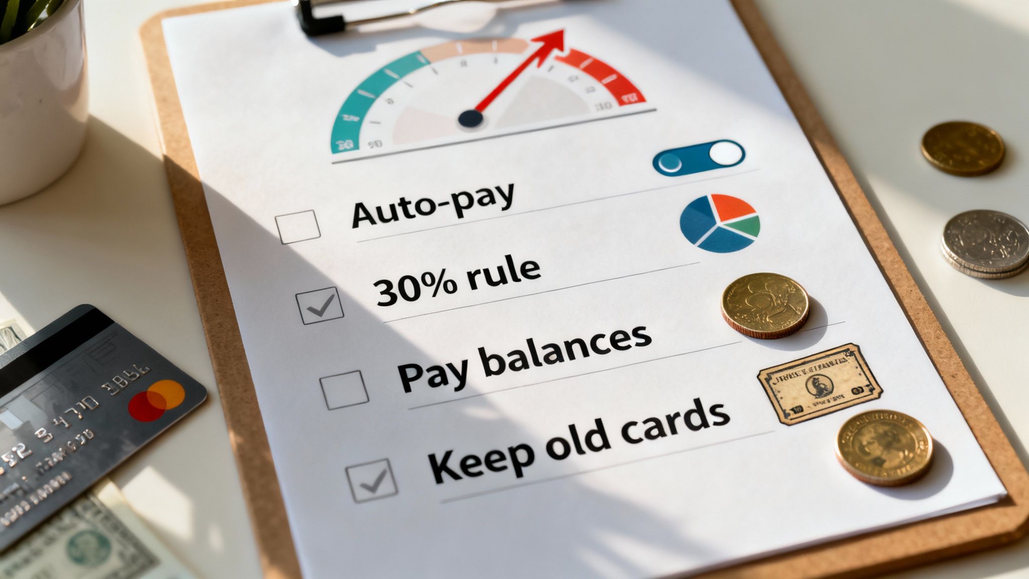 A person using a laptop to set up automatic bill payments, with icons for calendars and credit cards, representing proactive credit management.