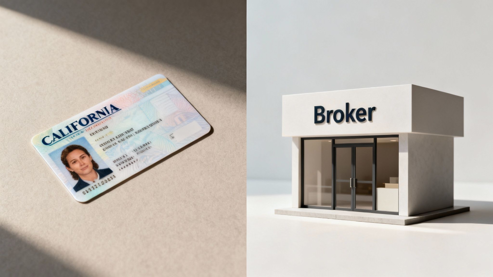A California driver's license or ID card next to a miniature building with a 'Broker' sign.