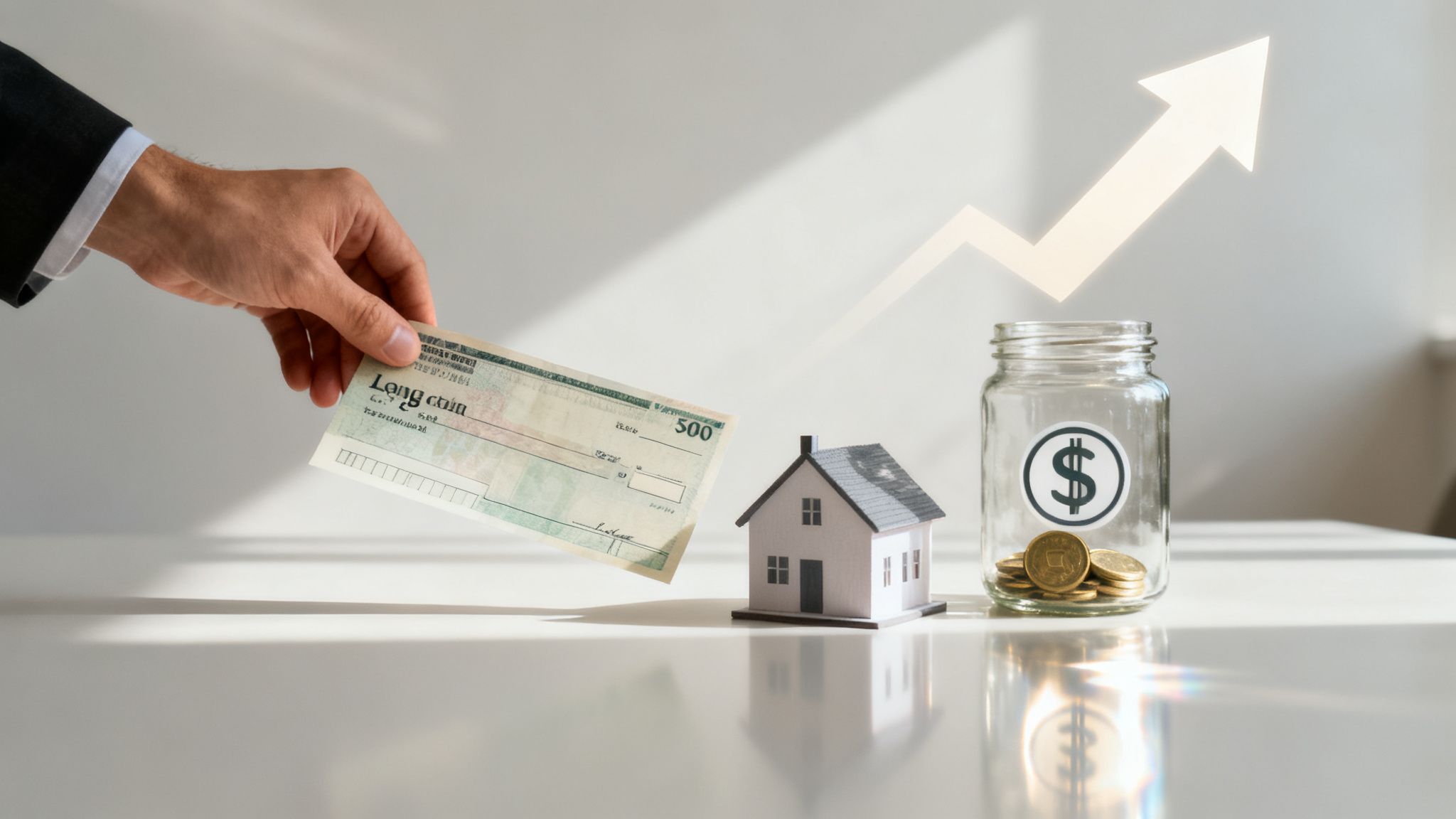 A hand offers a check next to a model house, money jar, and a rising arrow, symbolizing home investment and growth.