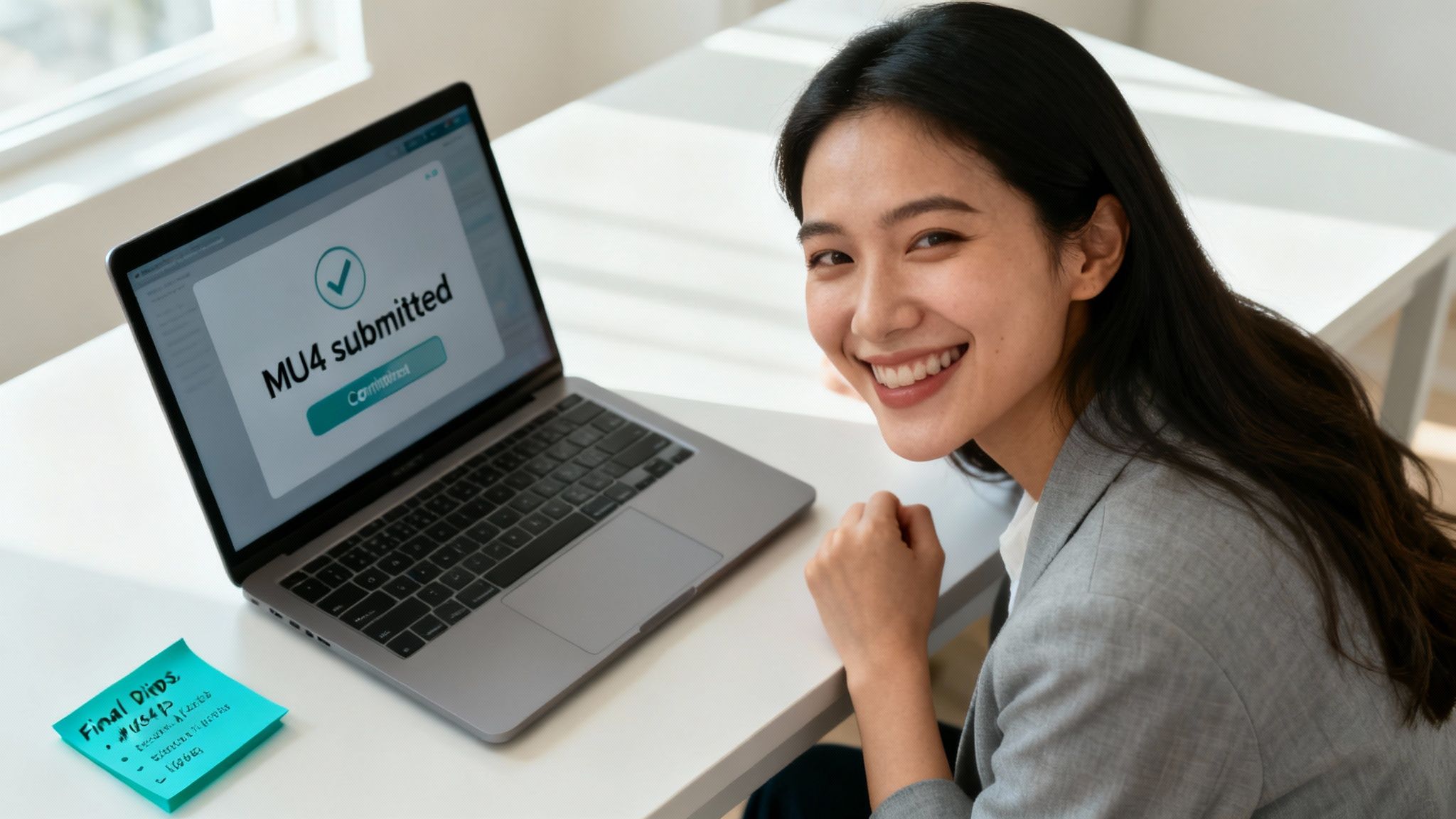 A person confidently clicks 'submit' on their MLO application on a laptop in a bright, modern setting.