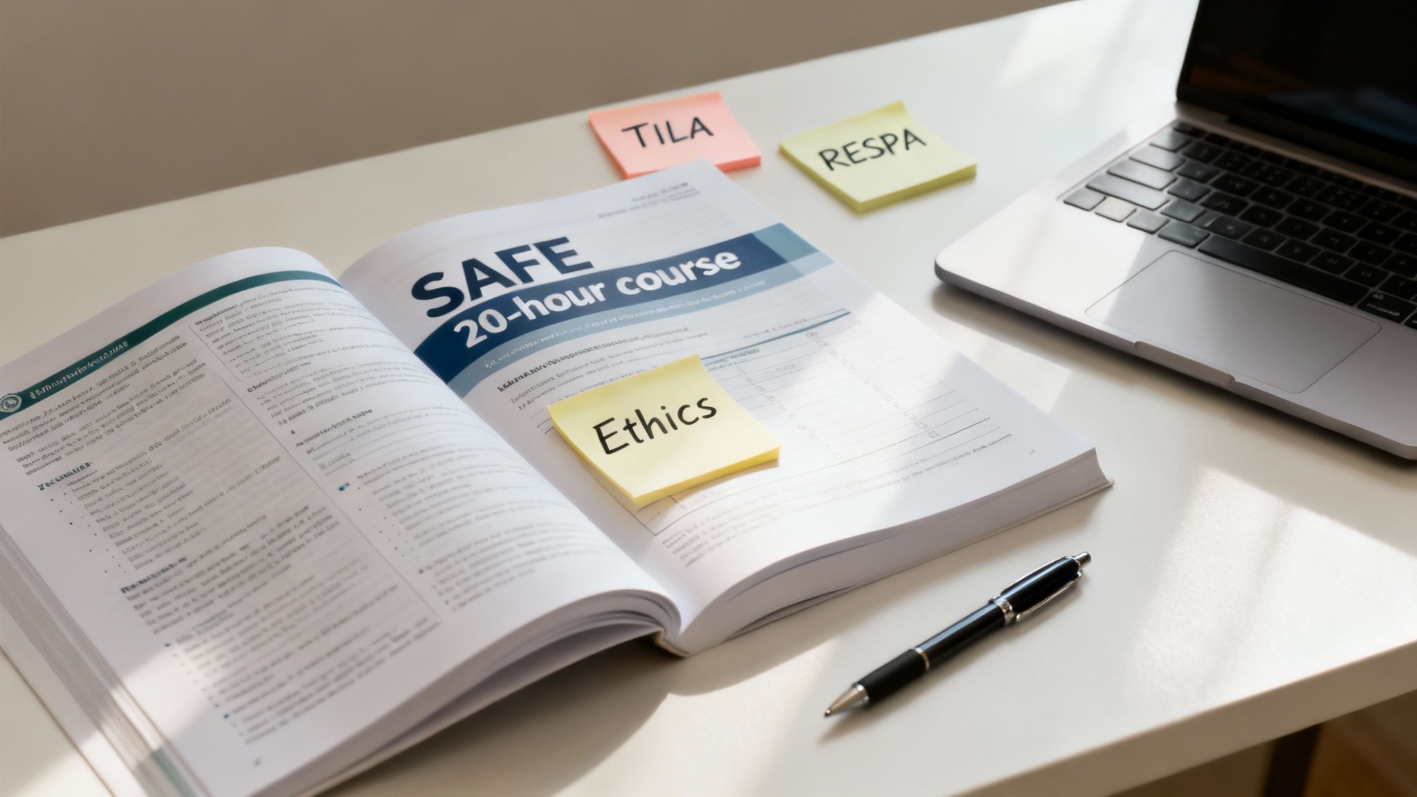 A SAFE 20-hour course textbook open on a desk with sticky notes: TILA, RESPA, and Ethics.