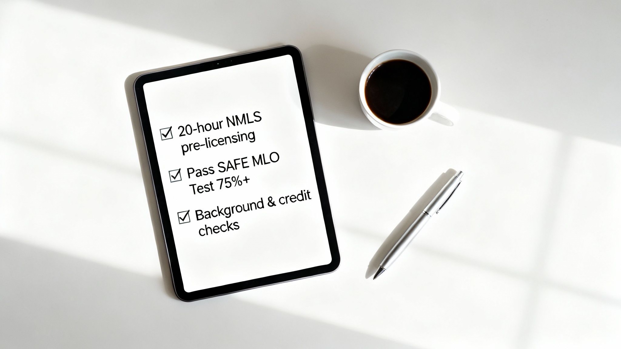 A tablet displays a mortgage licensing checklist with items: NMLS pre-licensing, MLO test, and background checks, alongside a coffee and pen.