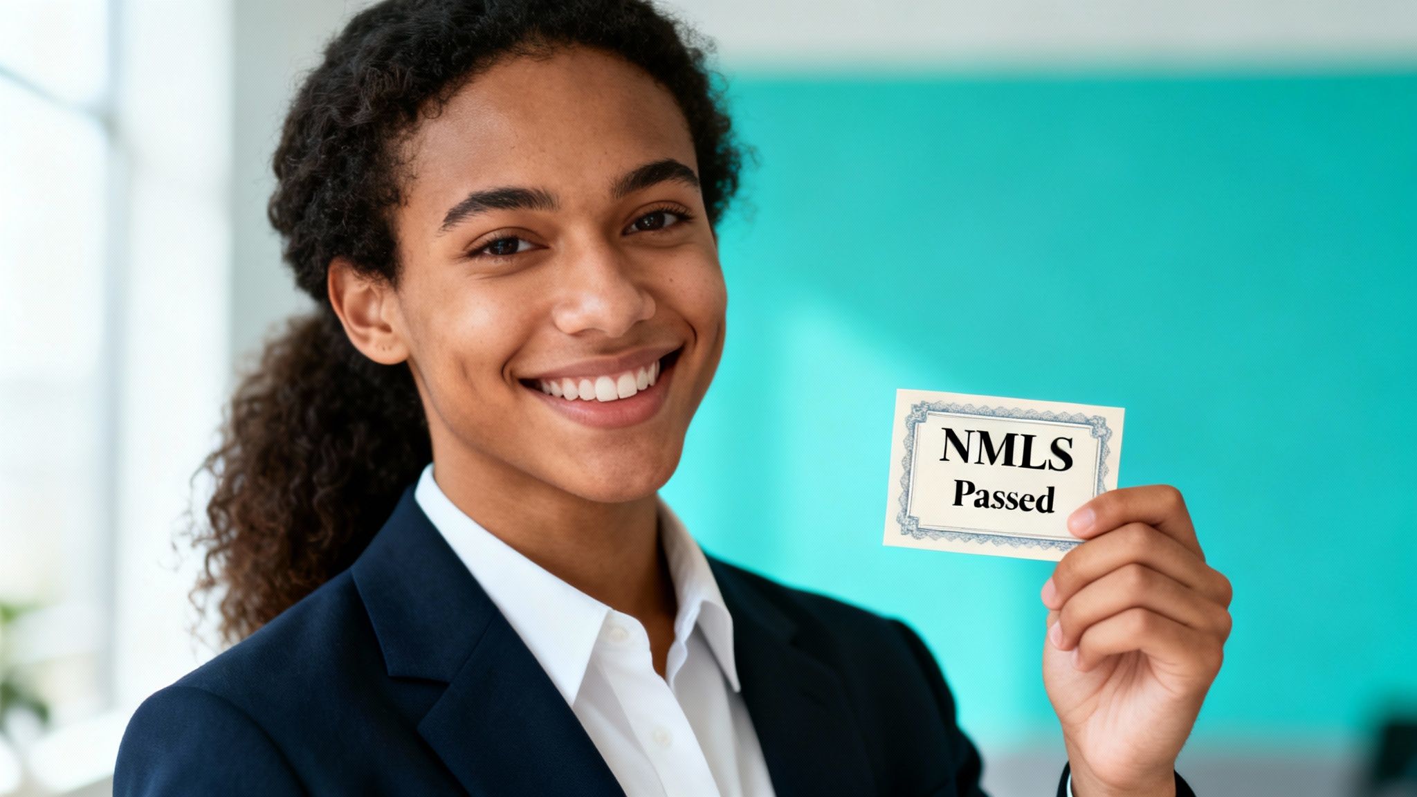 A smiling young woman in a suit holds up a card displaying 'NMLS Passed', celebrating her achievement.