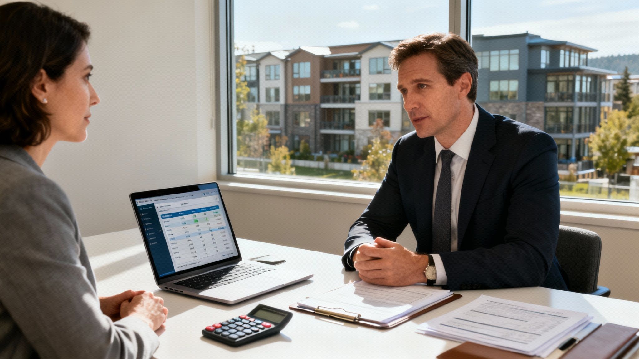 A Portland MLO analyzing financial documents on a modern desk with a laptop and calculator.