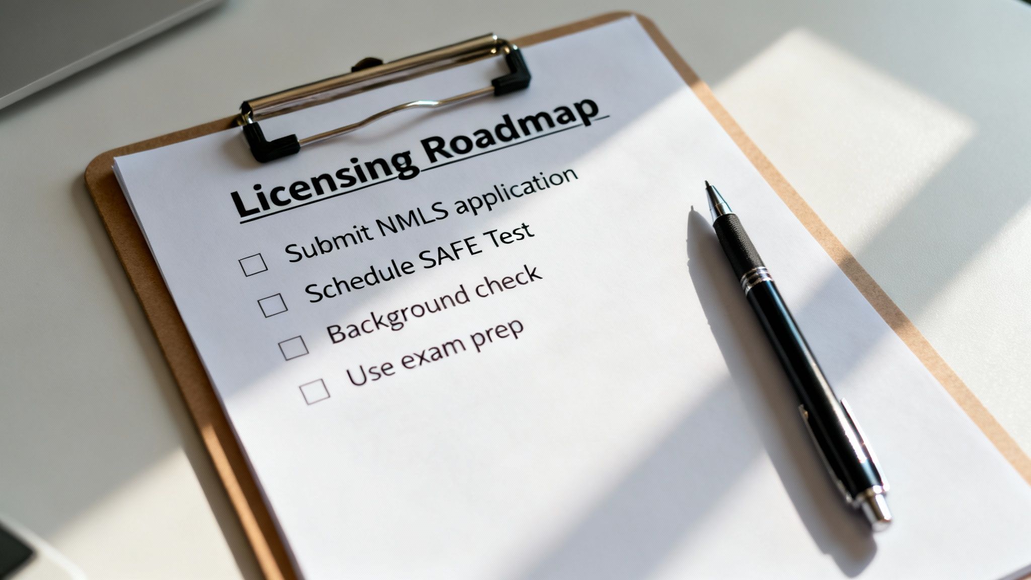 A clipboard showing a "Licensing Roadmap" checklist with a pen, detailing steps for a license.