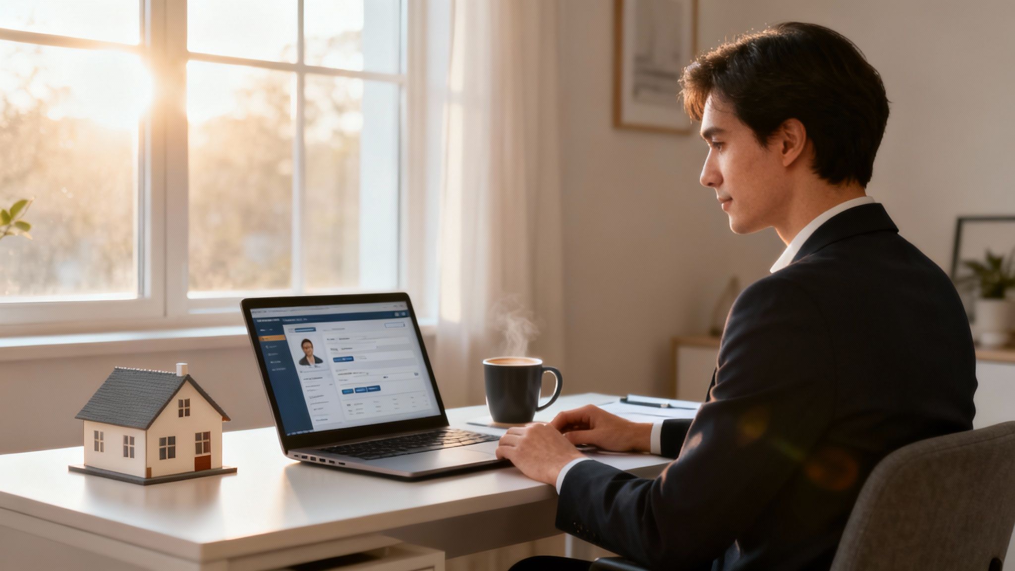 A person working on a laptop in a bright, modern home office setting, smiling.