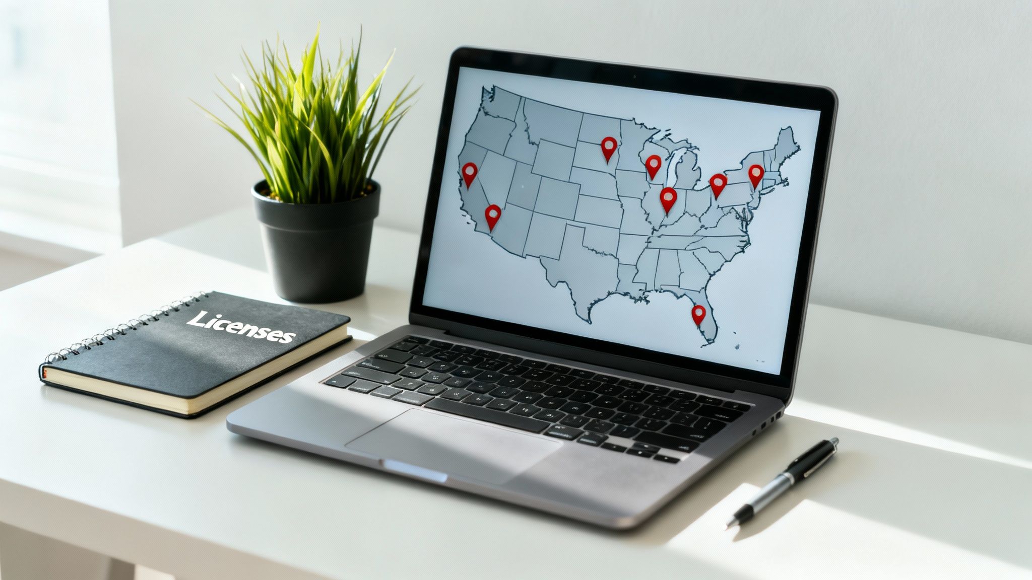 A modern, bright photo of a map of the United States with pins in several states, symbolizing multi-state licensing.